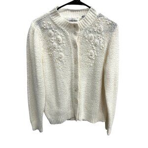 Vintage Cristina Ivory Knit Cardigan With Floral Embroidery and Pearl Accents SZ